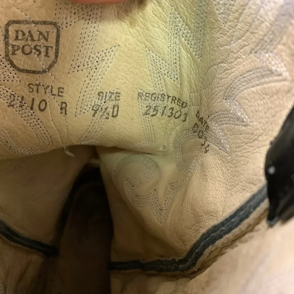 Vintage Dan Post Black Leather Western Cowboy Boots Mens 9.5R Snip Toe USA 1994